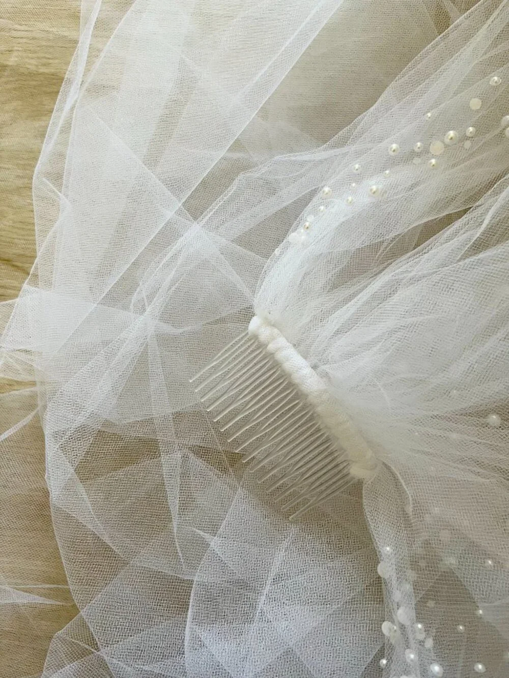 Handmade Cathedral Pearl Wedding Veil | Pearl Trim | Soft Tulle | White | Bridal
